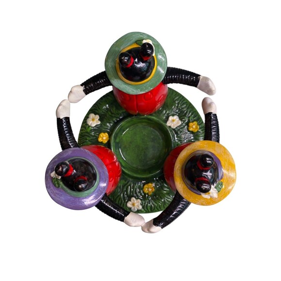 Ladybug Votive Tealight Candle Holder Trio Holding Hands Flower Garden Vintage - Picture 6 of 13